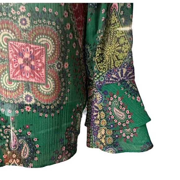 Elie Tahari Boho Paisley Print Semi-Sheer Blouse L Flowy Green Top Size L - Picture 5 of 12